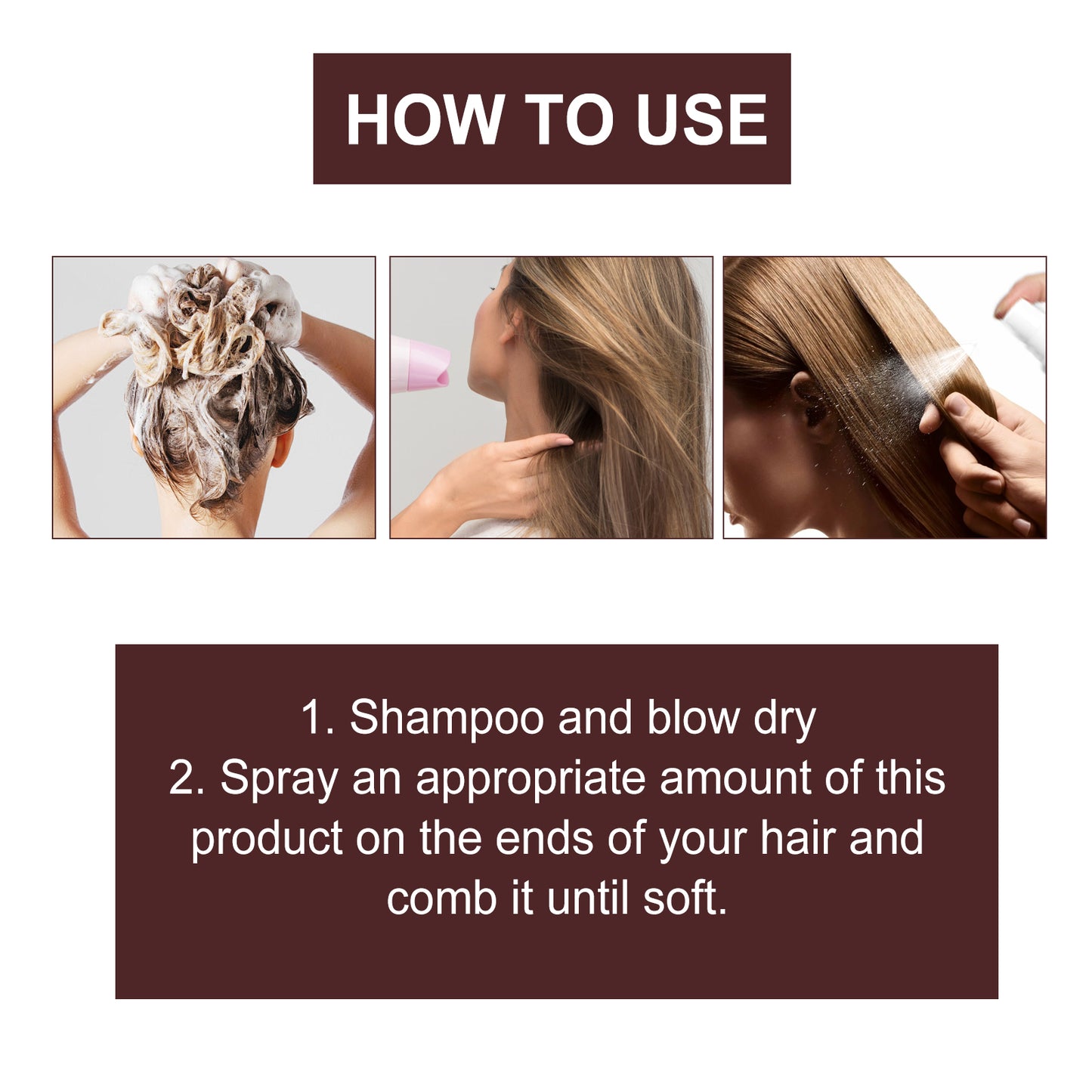 Protein spray, hydrates dry hair, strengthens and smooths hair.