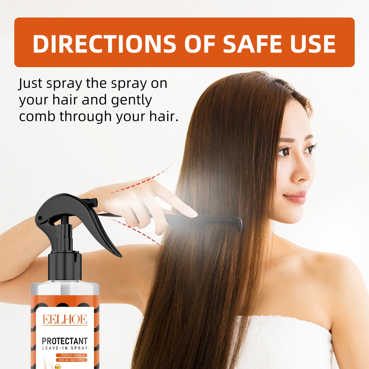 Leave-in protective spray, repairs split ends, dry and damaged hair, moisturizes and smooths hair.