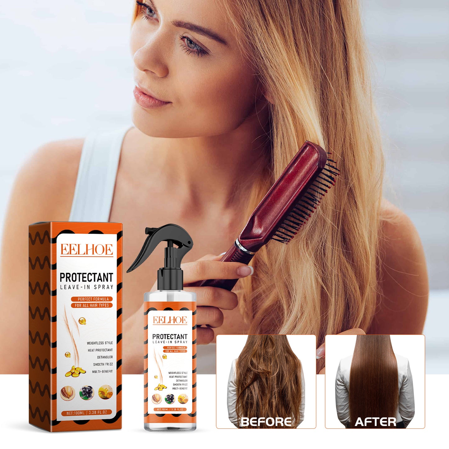 Leave-in protective spray, repairs split ends, dry and damaged hair, moisturizes and smooths hair.