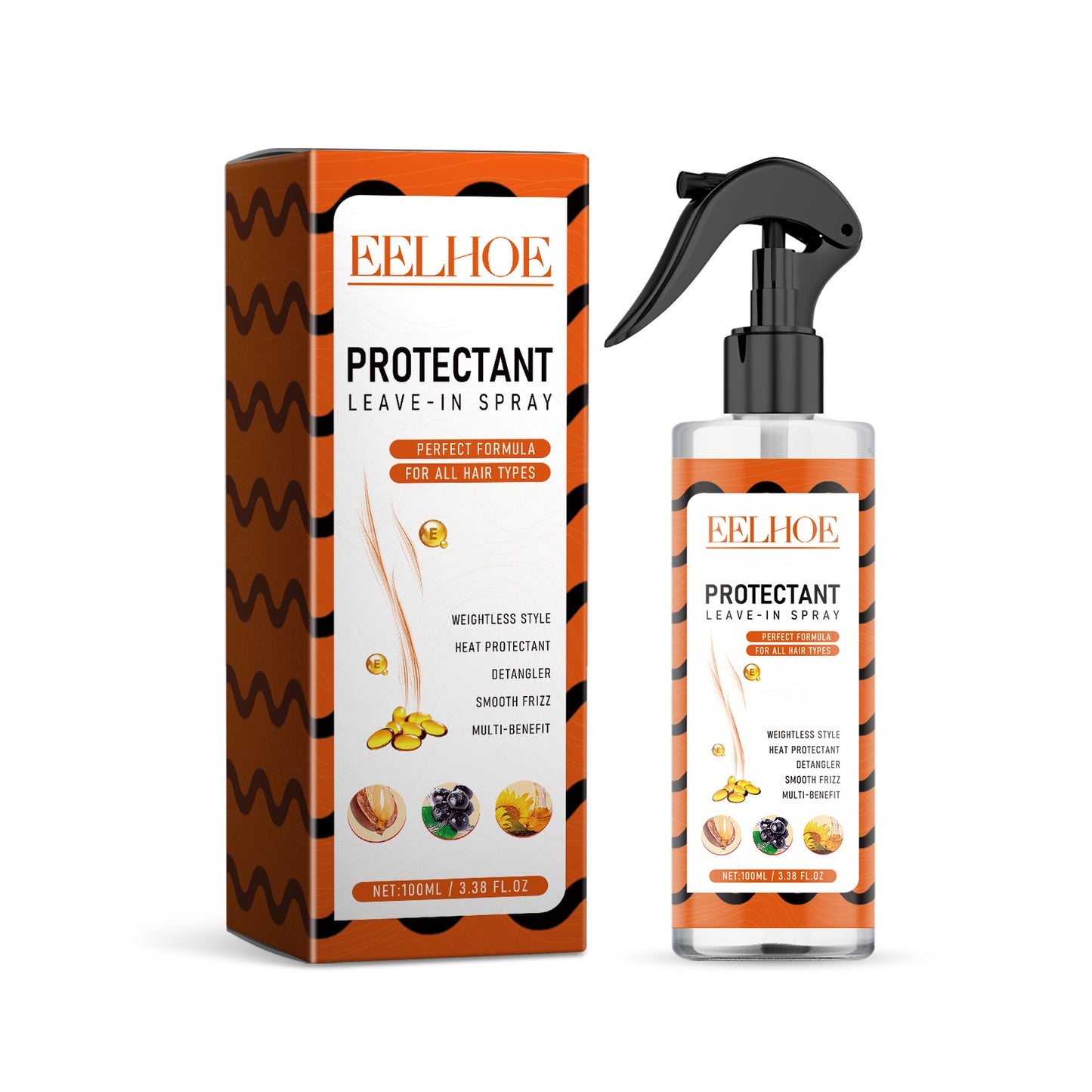 Leave-in protective spray, repairs split ends, dry and damaged hair, moisturizes and smooths hair.