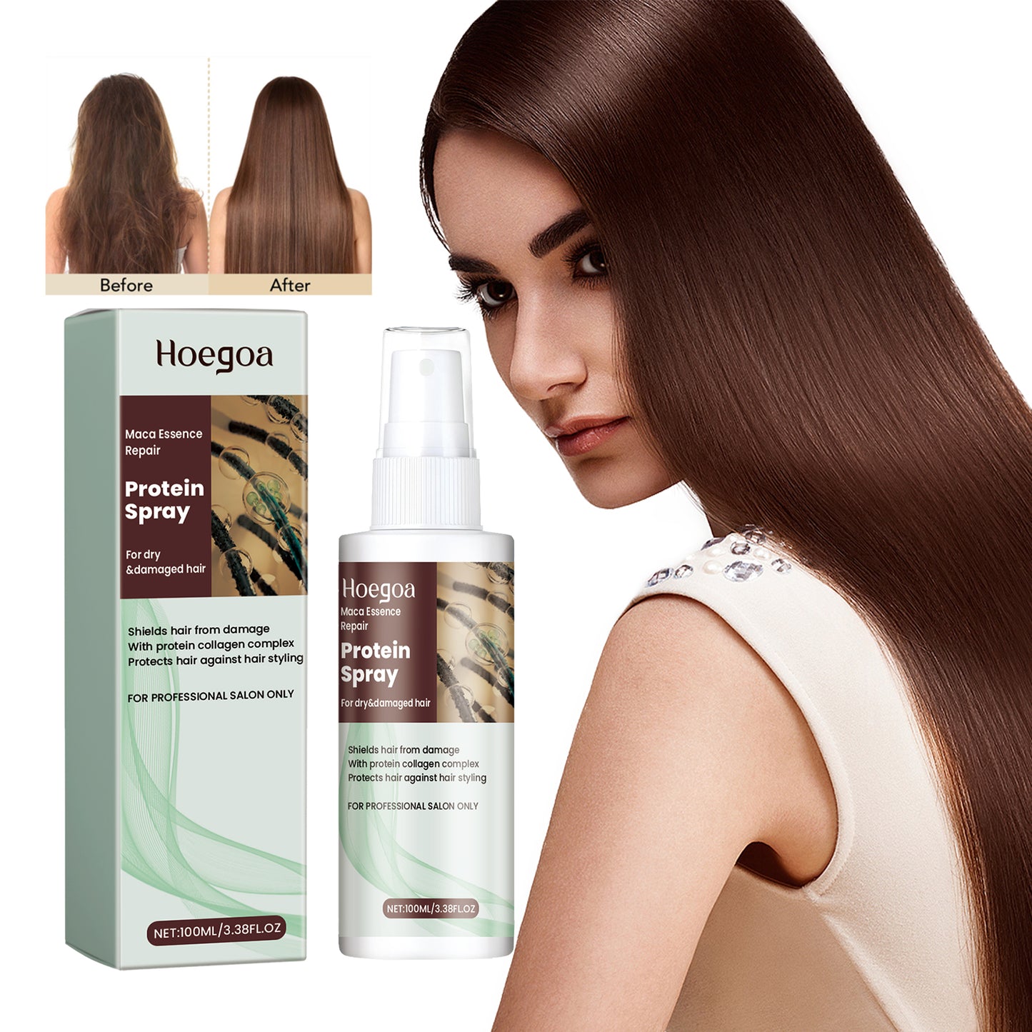 Protein spray, hydrates dry hair, strengthens and smooths hair.
