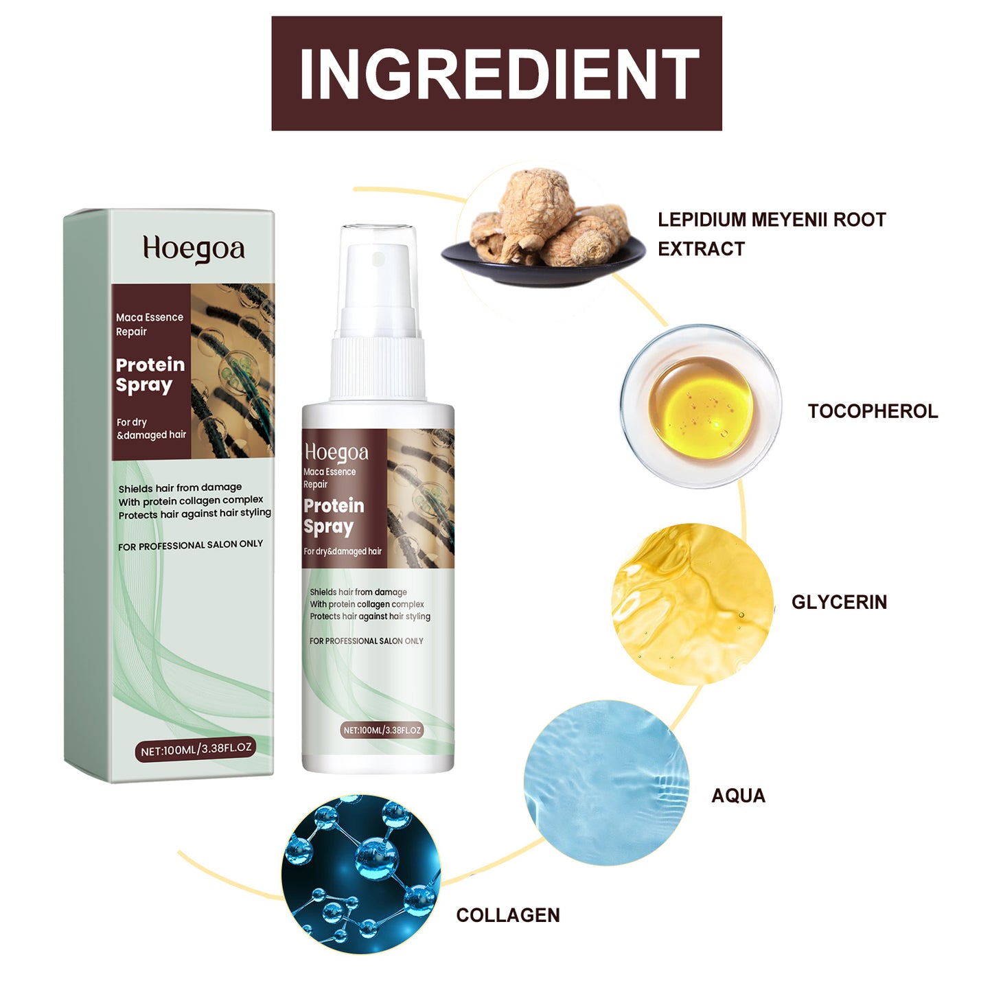 Protein spray, hydrates dry hair, strengthens and smooths hair.