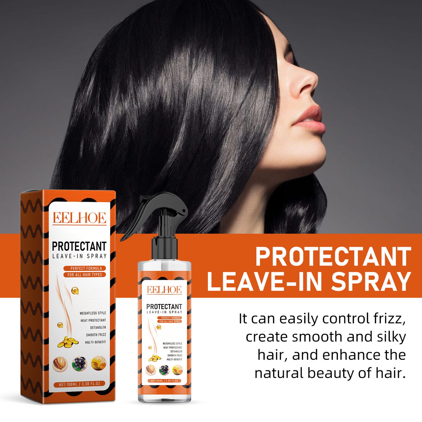 Leave-in protective spray, repairs split ends, dry and damaged hair, moisturizes and smooths hair.