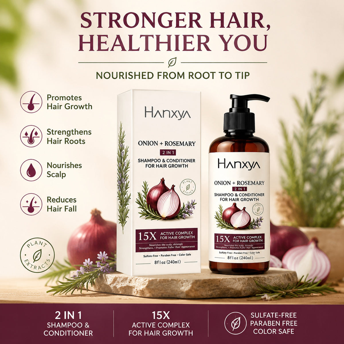 Shampoing 2-en-1 Oignon & Romarin – Soin des Cheveux – 240 ml