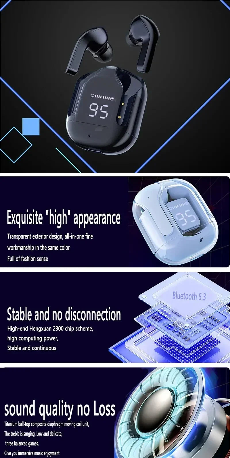 Écouteurs Bluetooth sans fil T2 d'origine, avec affichage numérique